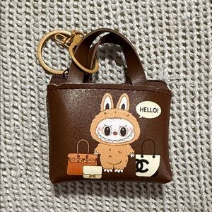 Brown Mini Tote/Air Pod Holder with Cartoon Design